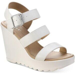 Sun + Stone Women's Siennaa Faux Leather Strappy Wedge Heels Sandals White 8.5M